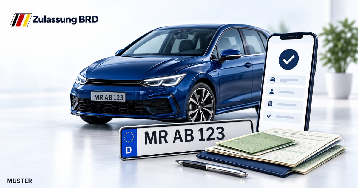 Online Fahrzeugzulassung in Biedenkopf: Musterkennzeichen MR AB 123, Auto und Fahrzeugpapiere und Smartphone. Illustration mit Logo von Zulassung BRD.